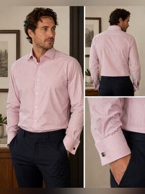 House of Hund Tom Barnett Pink White Striped French Cuff Dress Shirt 100% Cotton